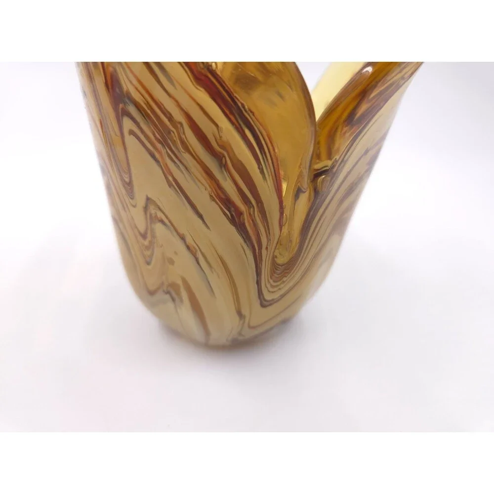 Murano Hand Blown Glass Vase White Crystal Amber & Caramel Swirls Made In Italy